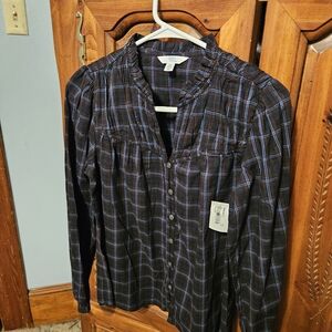 Time and Tru Plaid Button-Down Shirt - Black and Blue